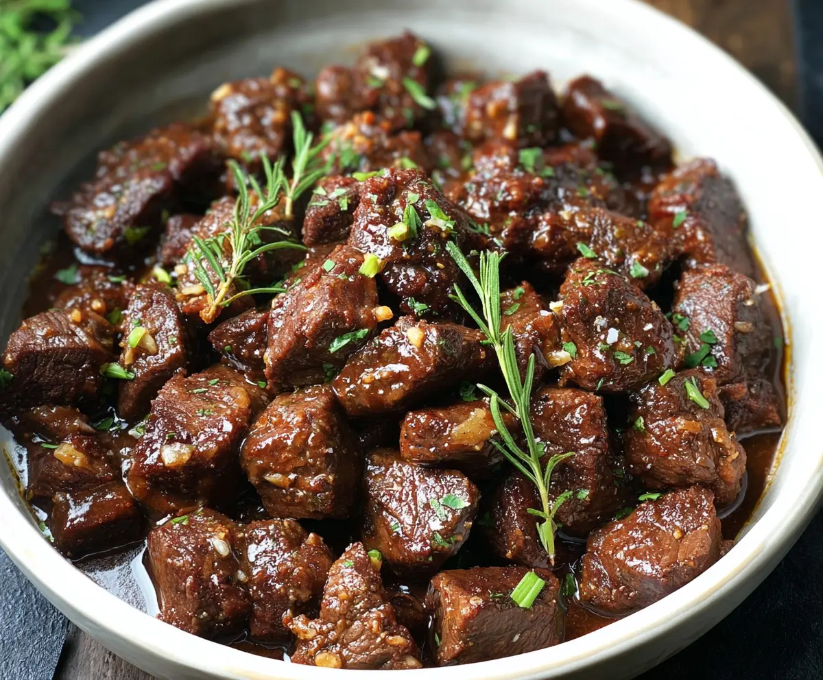 Delicious high protein slow cooker garlic butter beef bites on a plate, perfect for a nutritious meal.