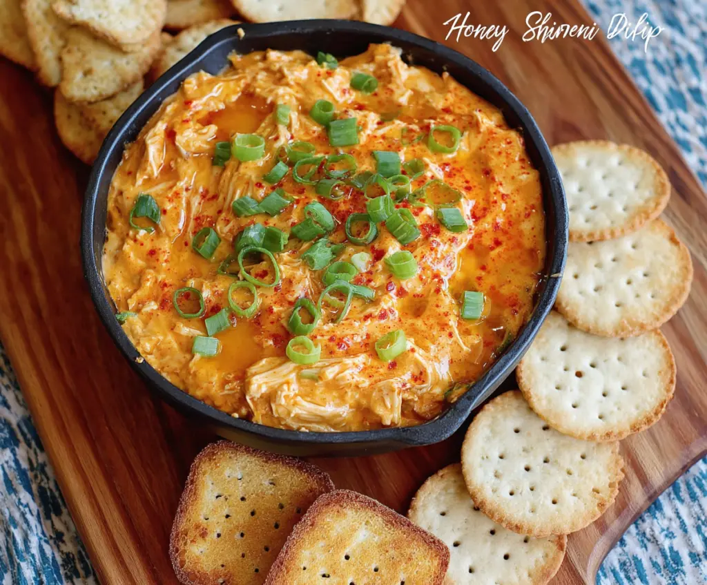 Delicious Honey Sriracha Chicken Dip served with crispy chips on a colorful platter