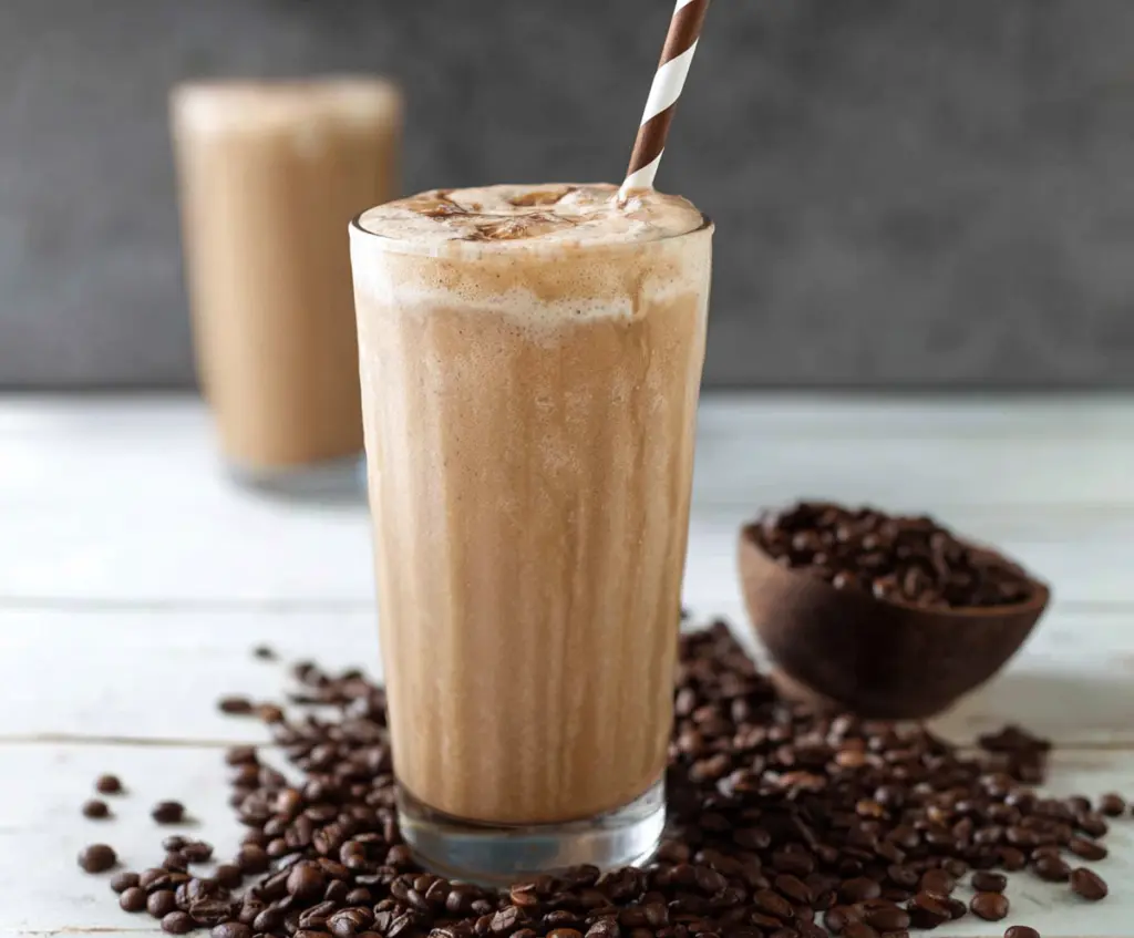 Refreshing iced coffee protein shake in a glass garnished with ice cubes and a straw