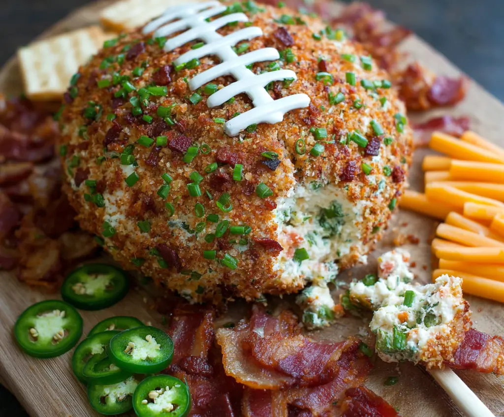 Delicious Jalapeño Popper Football Cheese Ball with melted cheese and spicy peppers, perfect for game day snacking.