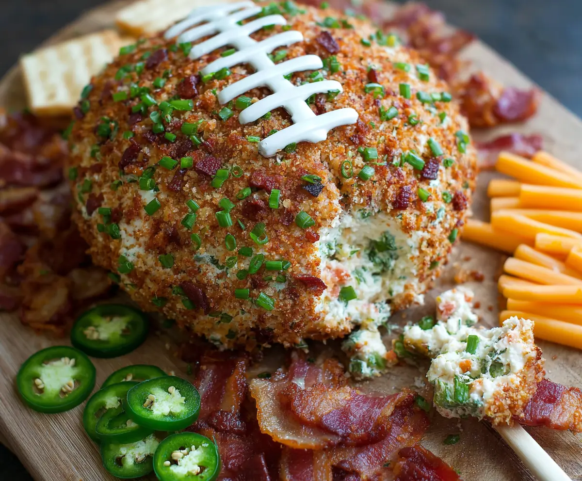 Delicious Jalapeño Popper Football Cheese Ball with melted cheese and spicy peppers, perfect for game day snacking.