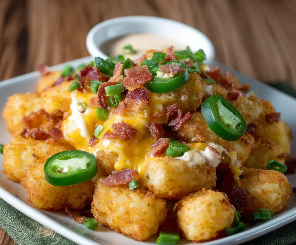 Crunchy jalapeno popper tater tots topped with melted cheese and fresh jalapenos, perfect for snacking.