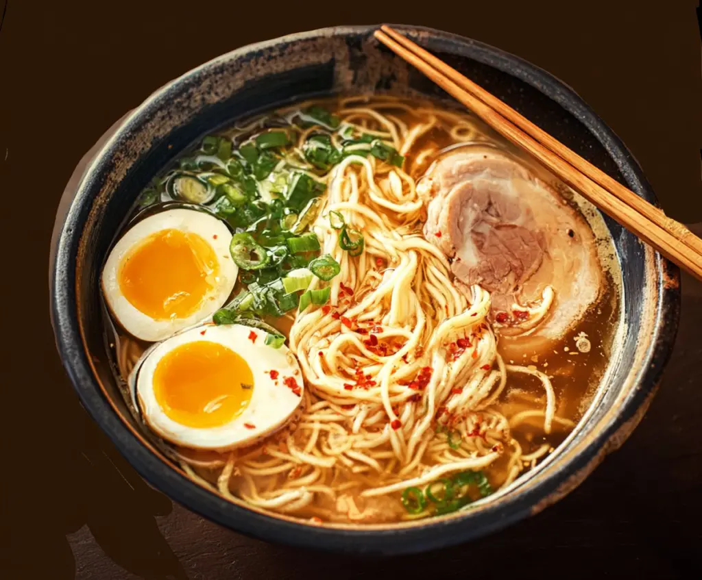 Delicious steaming bowl of traditional Japanese ramen noodles with toppings.