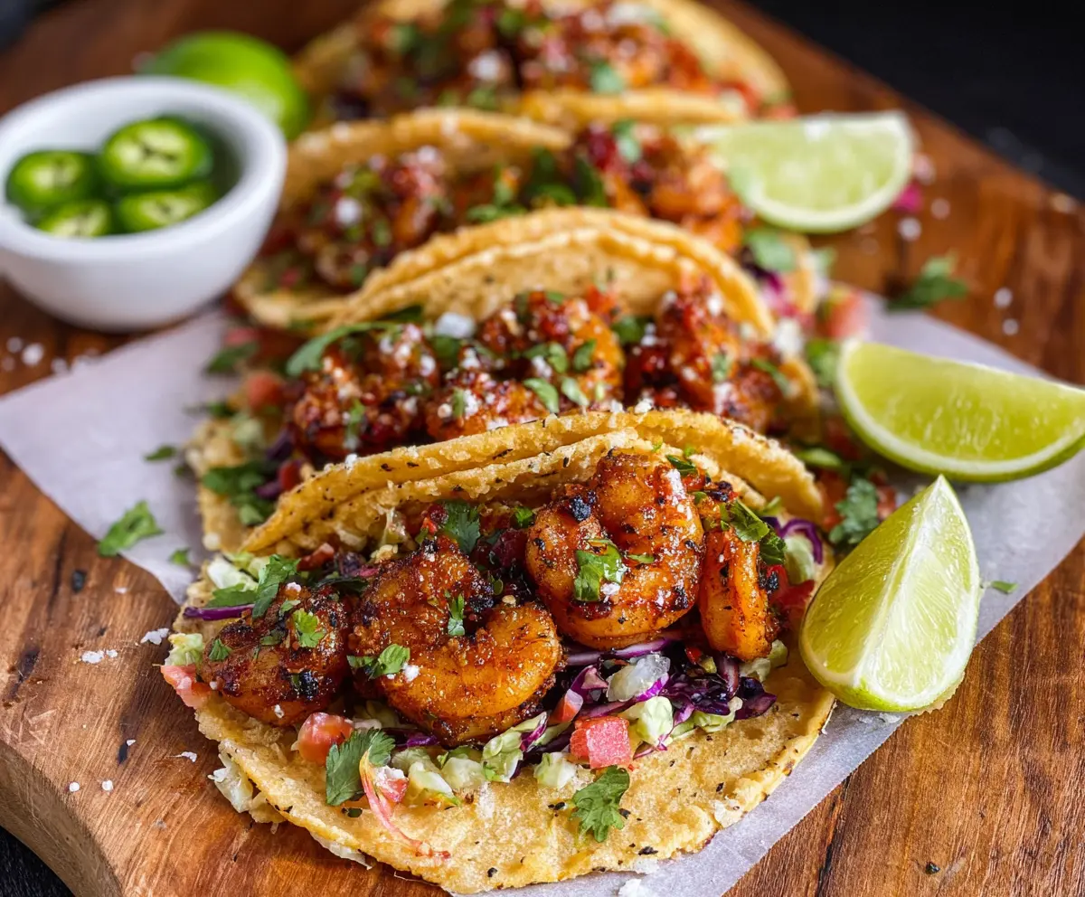 Delicious jerk shrimp tacos topped with fresh vegetables and herbs.