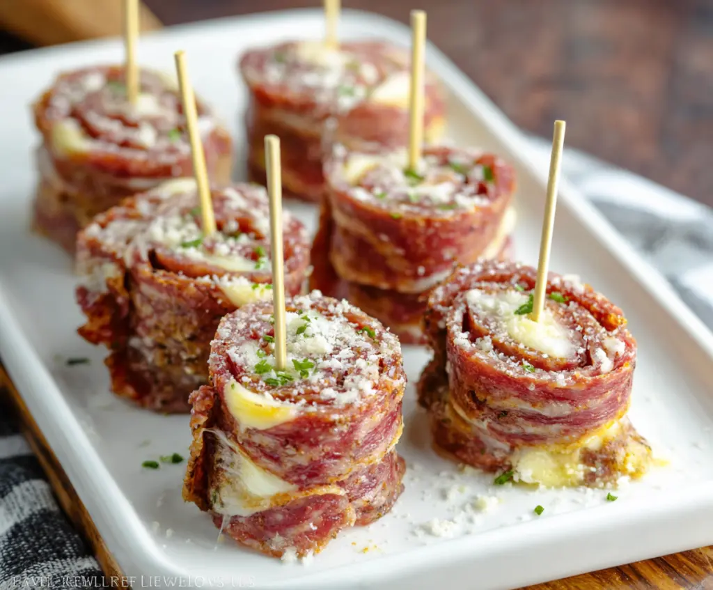 Delicious keto salami roll-ups with cream cheese and herbs on a wooden platter for a low-carb snack.