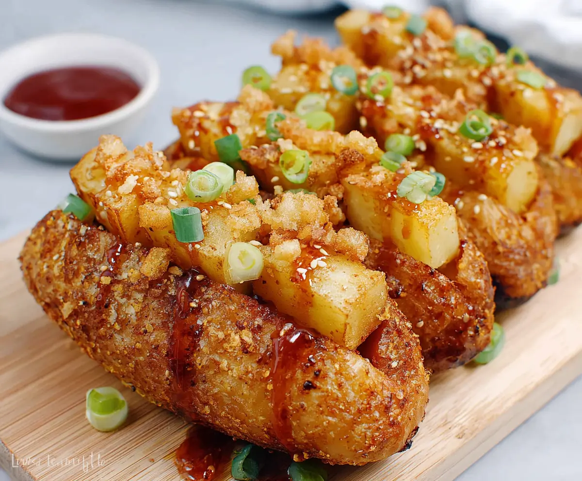 Delicious Korean Potato Hot Dog wrapped in crispy batter with colorful toppings.