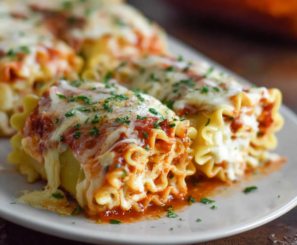 Delicious homemade lasagna roll ups with melted cheese and rich tomato sauce served on a plate.