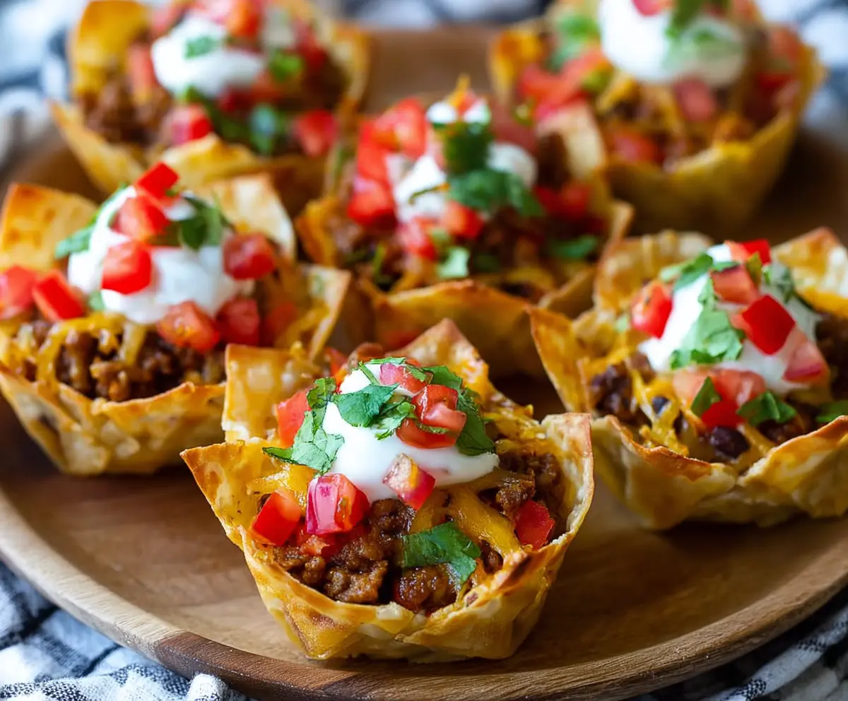 Delicious mini taco cups filled with seasoned meat, cheese, and fresh toppings on a white plate.