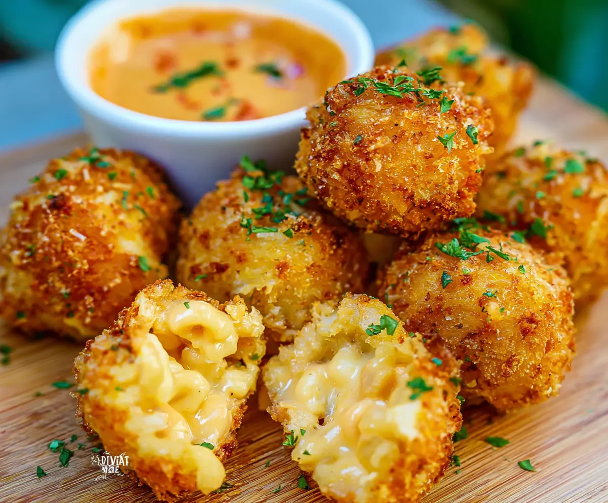 Crispy homemade Mac and Cheese Bites served with a dipping sauce on a white plate.