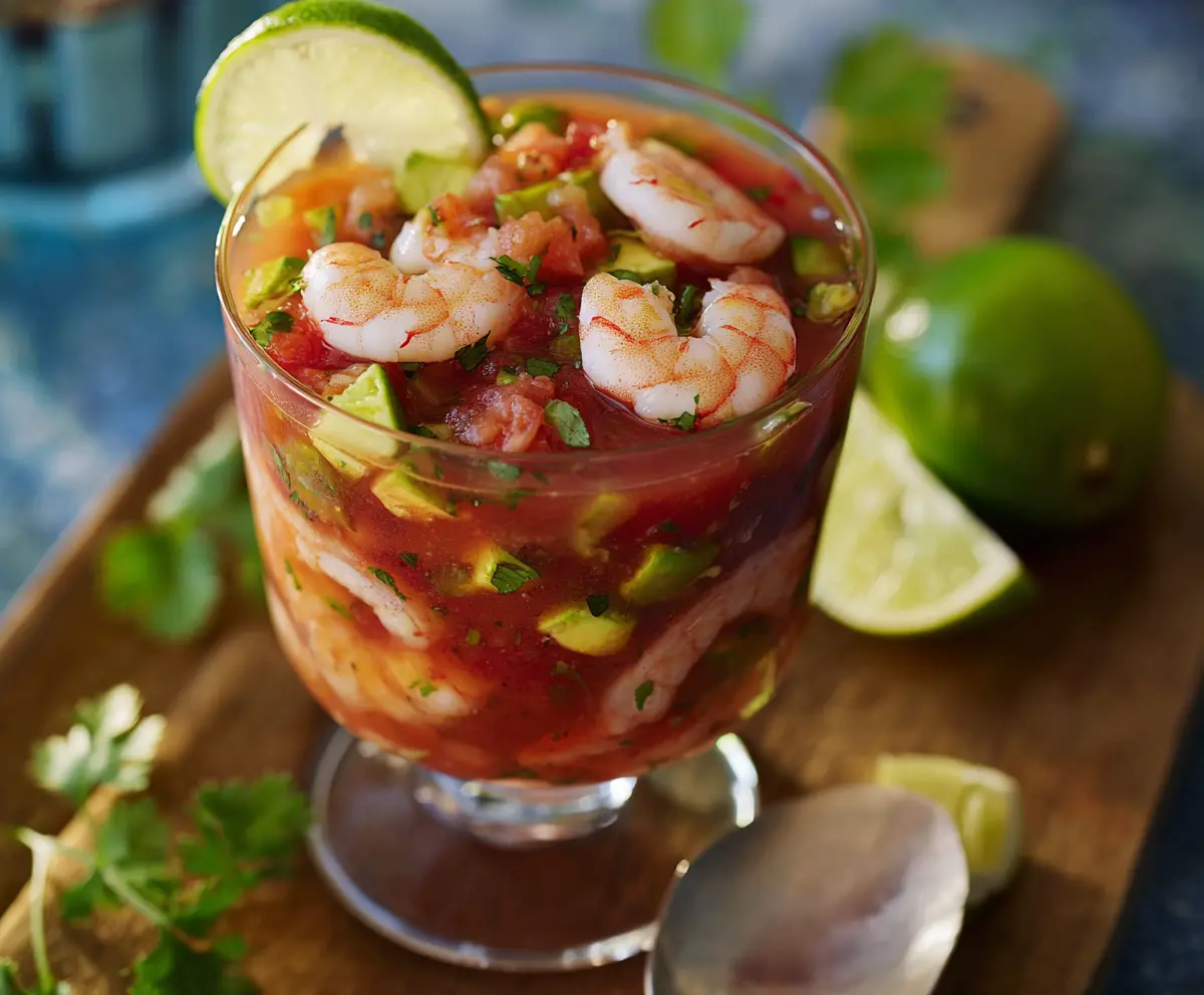Delicious Mexican Shrimp Cocktail served in a glass bowl with fresh lime and cilantro.