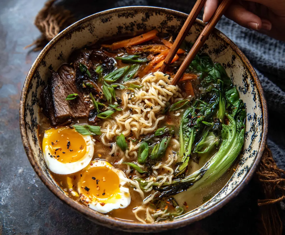 Bowl of steaming miso ramen noodles topped with green onions and soft-boiled egg