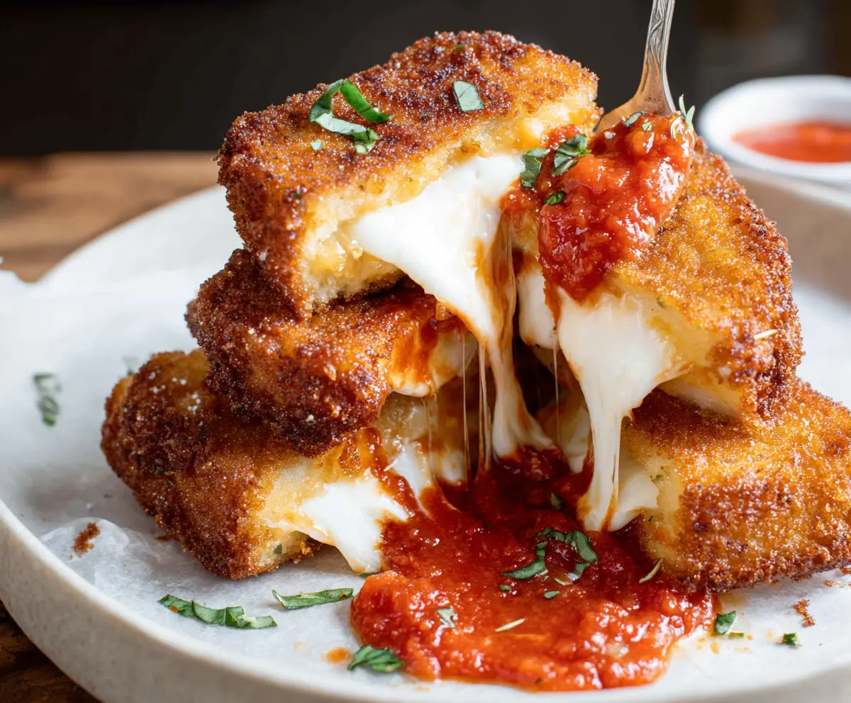 Delicious Mozzarella Carrozza stuffed with melted cheese and golden crispy breading.