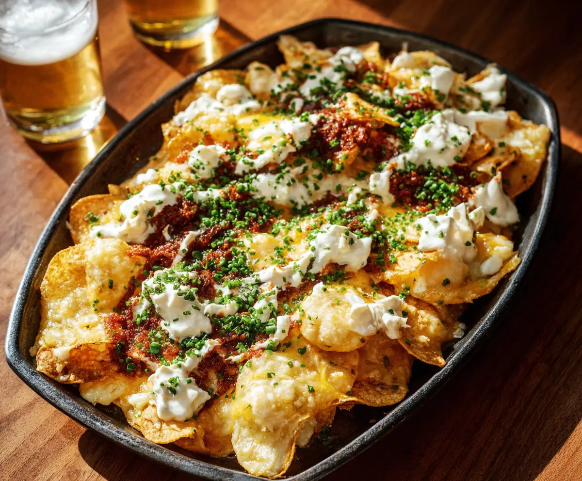 Delicious Ohio Nachos topped with cheese, jalapenos, and sour cream on a plate
