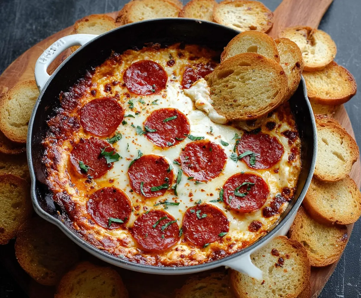 Delicious Pepperoni and Cream Cheese Pizza Dip served with fresh bread slices.