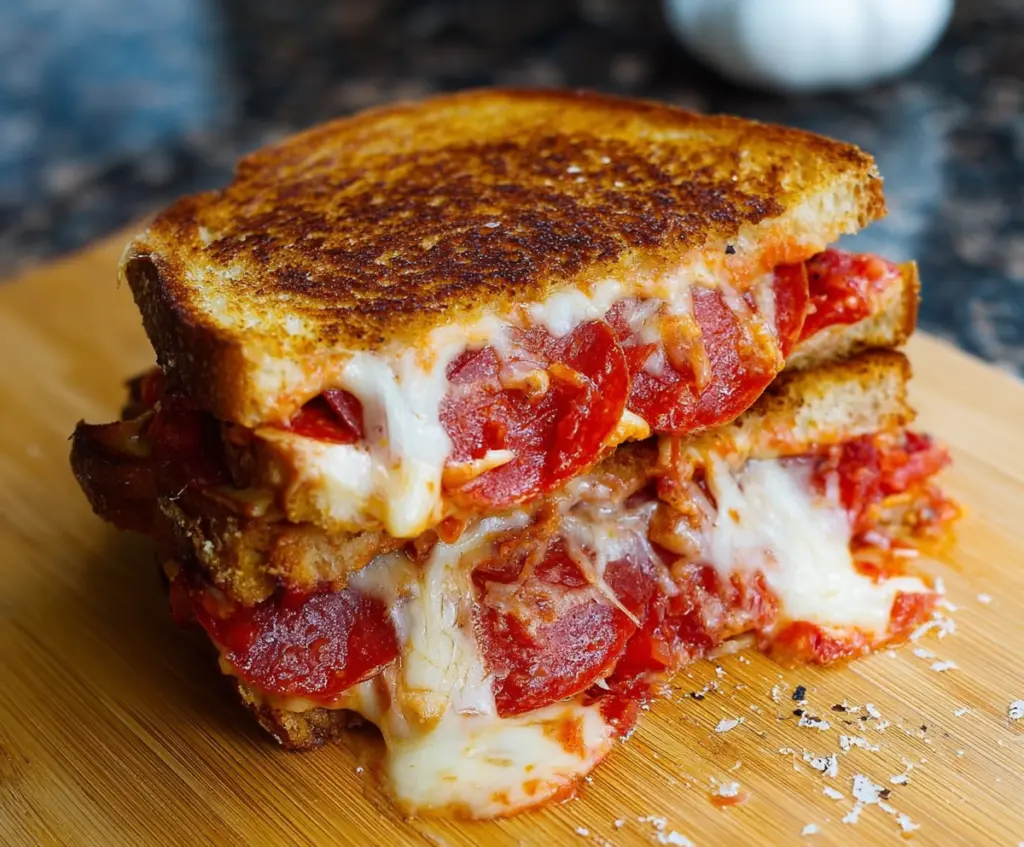 Delicious pepperoni pizza grilled cheese sandwich topped with melted cheese and crispy pepperoni slices.