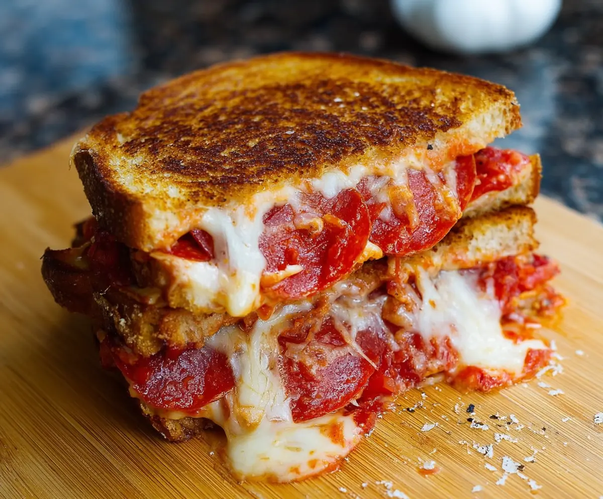 Delicious pepperoni pizza grilled cheese sandwich topped with melted cheese and crispy pepperoni slices.