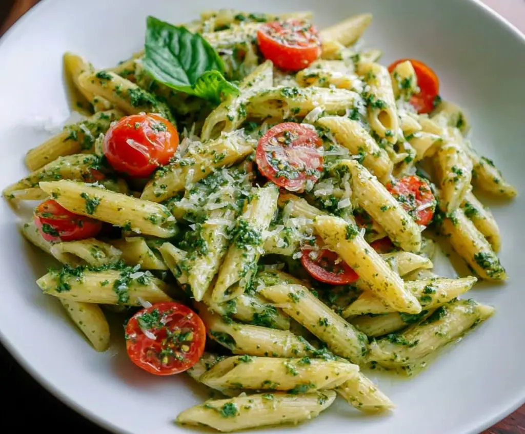 Delicious pesto penne pasta garnished with fresh basil and grated cheese.