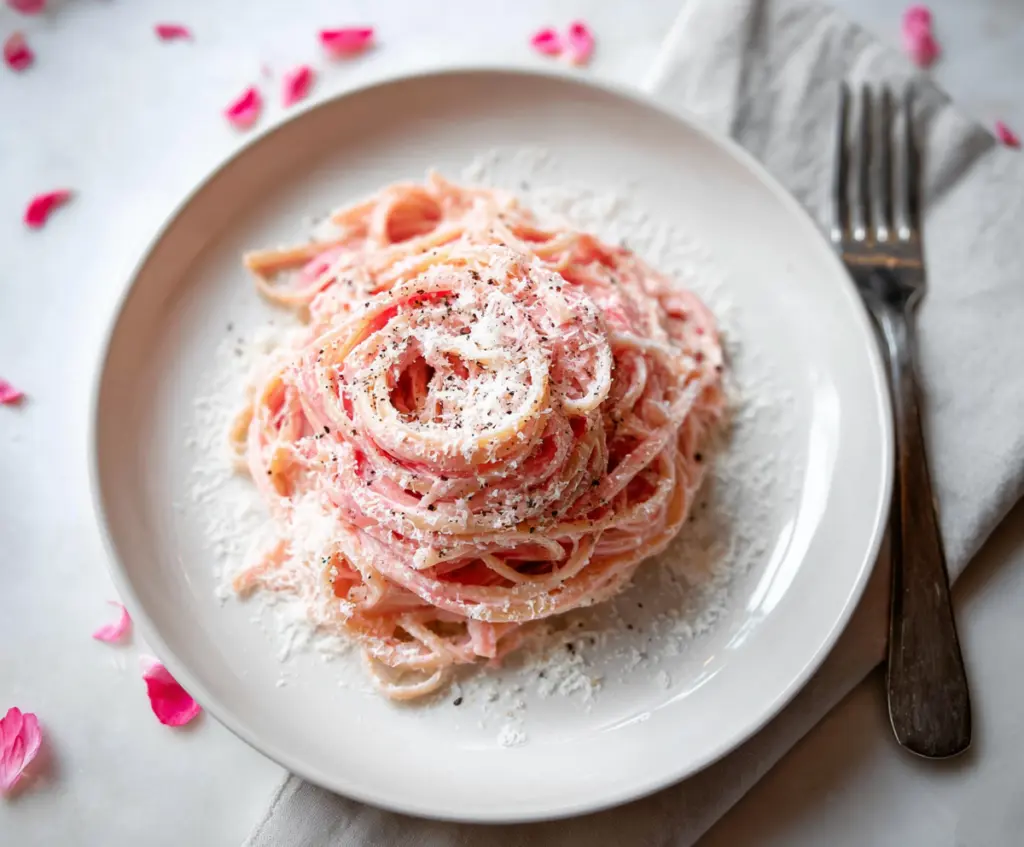 Creamy Pink Cacio E Pepe pasta with a smooth, vibrant sauce and pepper topping on a stylish plate.
