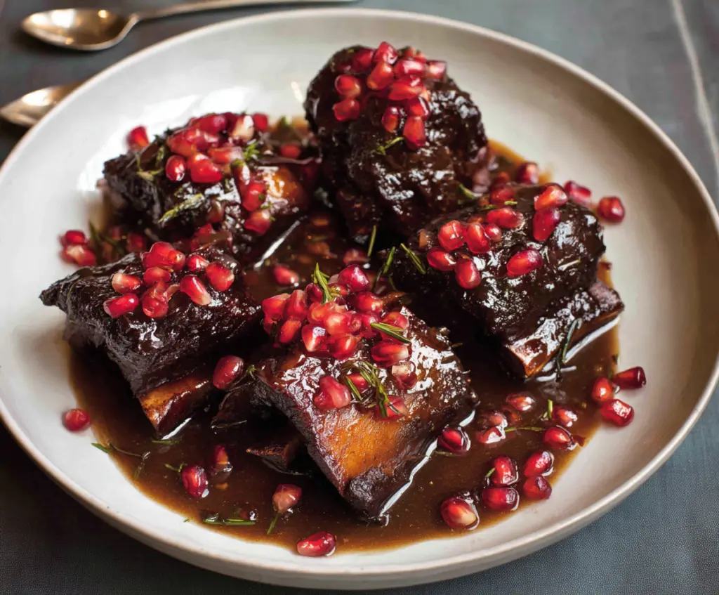 Delicious pomegranate braised short ribs served with fresh herbs and vegetables.