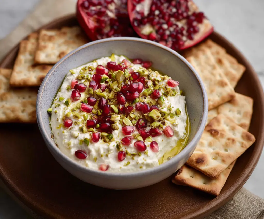 Creamy pomegranate pistachio feta dip with chopped pistachios and fresh pomegranate seeds on a serving platter.