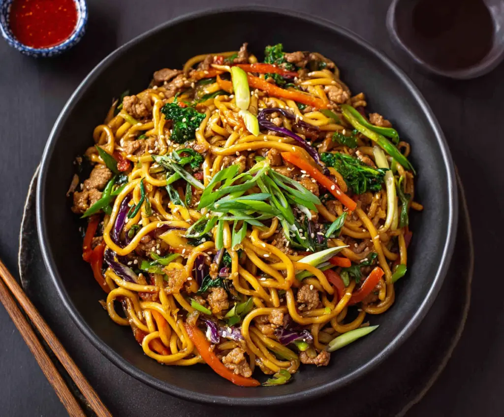 Delicious pork stir fry with noodles and vegetables on a plate.