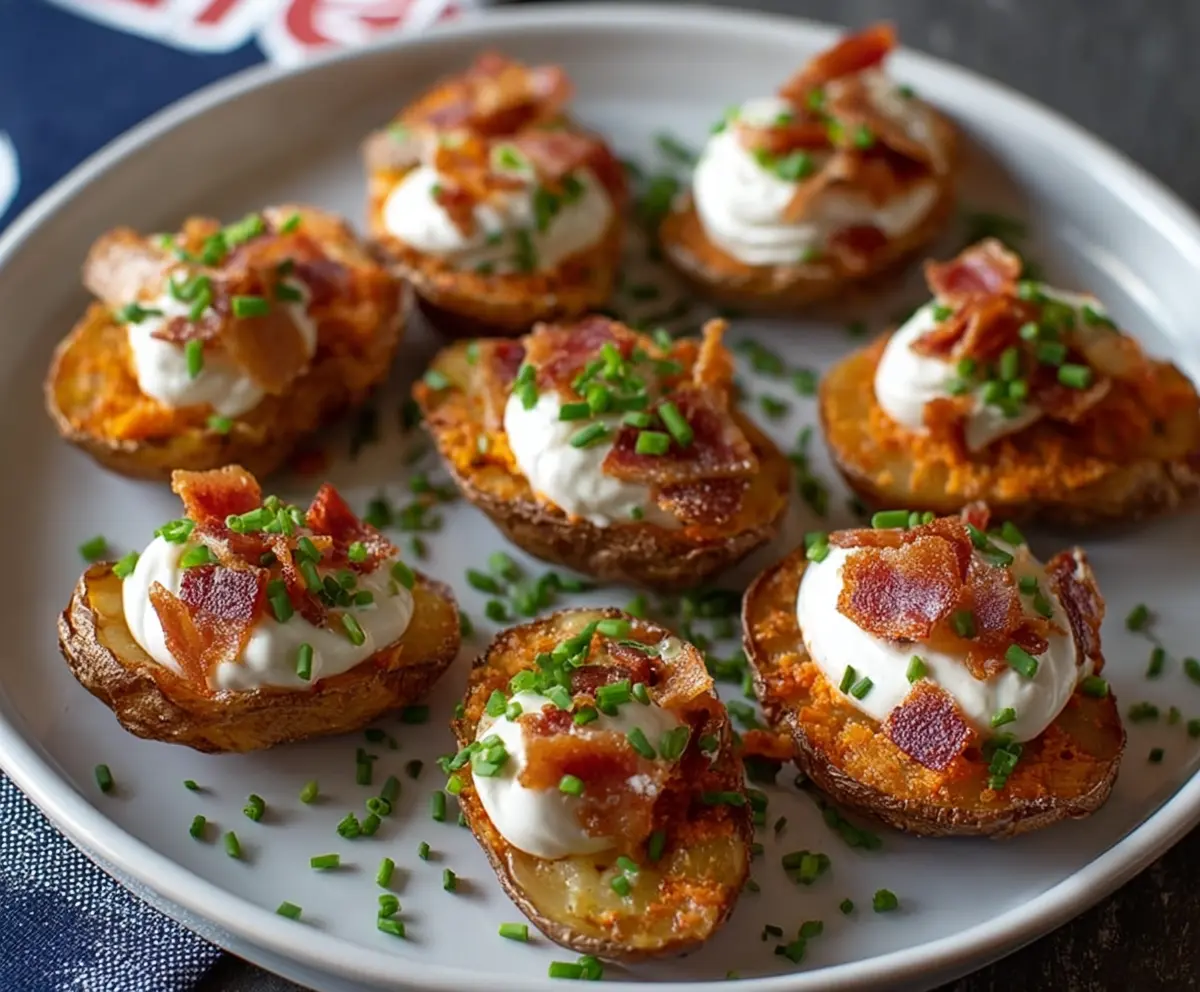 Delicious potato skin bites topped with melted cheese and herbs, perfect for appetizer or snack.