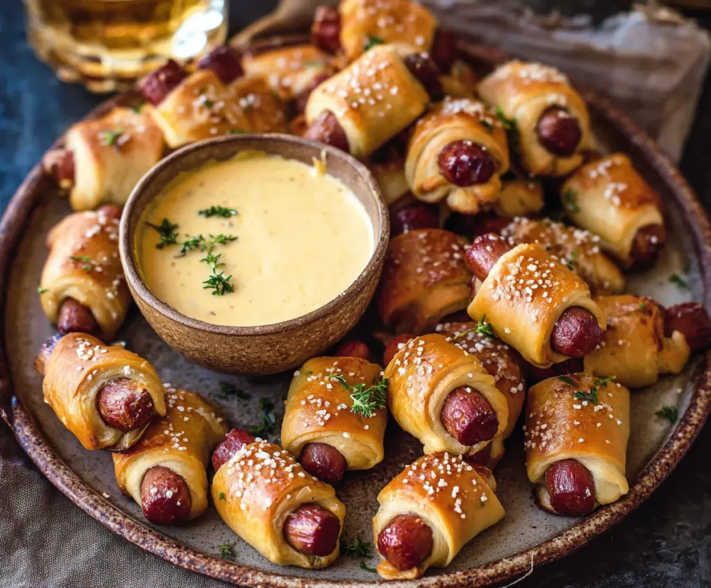 Delicious pretzel pigs in a blanket served with creamy beer cheese dip on a rustic platter.