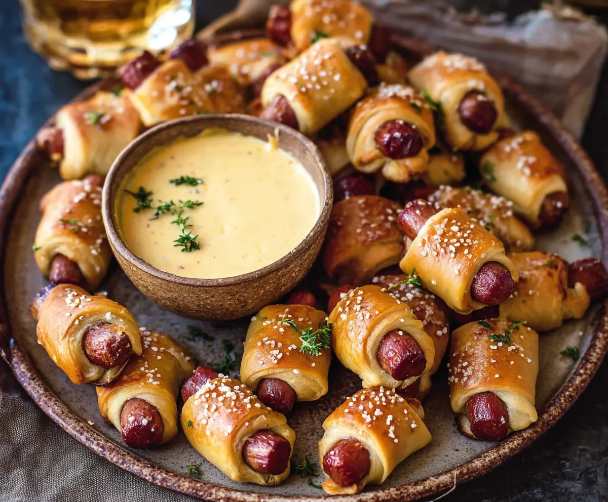 Delicious pretzel pigs in a blanket served with creamy beer cheese dip on a rustic platter.