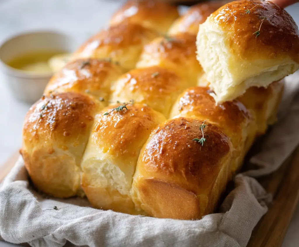 Golden pull apart sourdough dinner rolls fresh out of the oven, perfect for sharing at dinner.