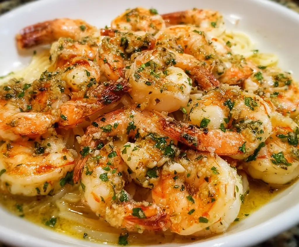 Delicious Red Lobster Shrimp Scampi served on a white plate with lemon wedges.
