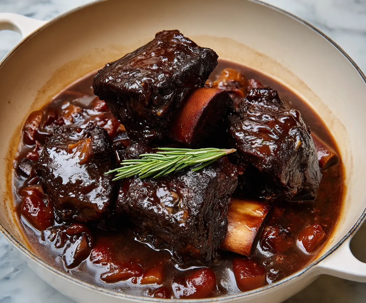 Delicious red wine braised short ribs served with vegetables on a rustic plate.