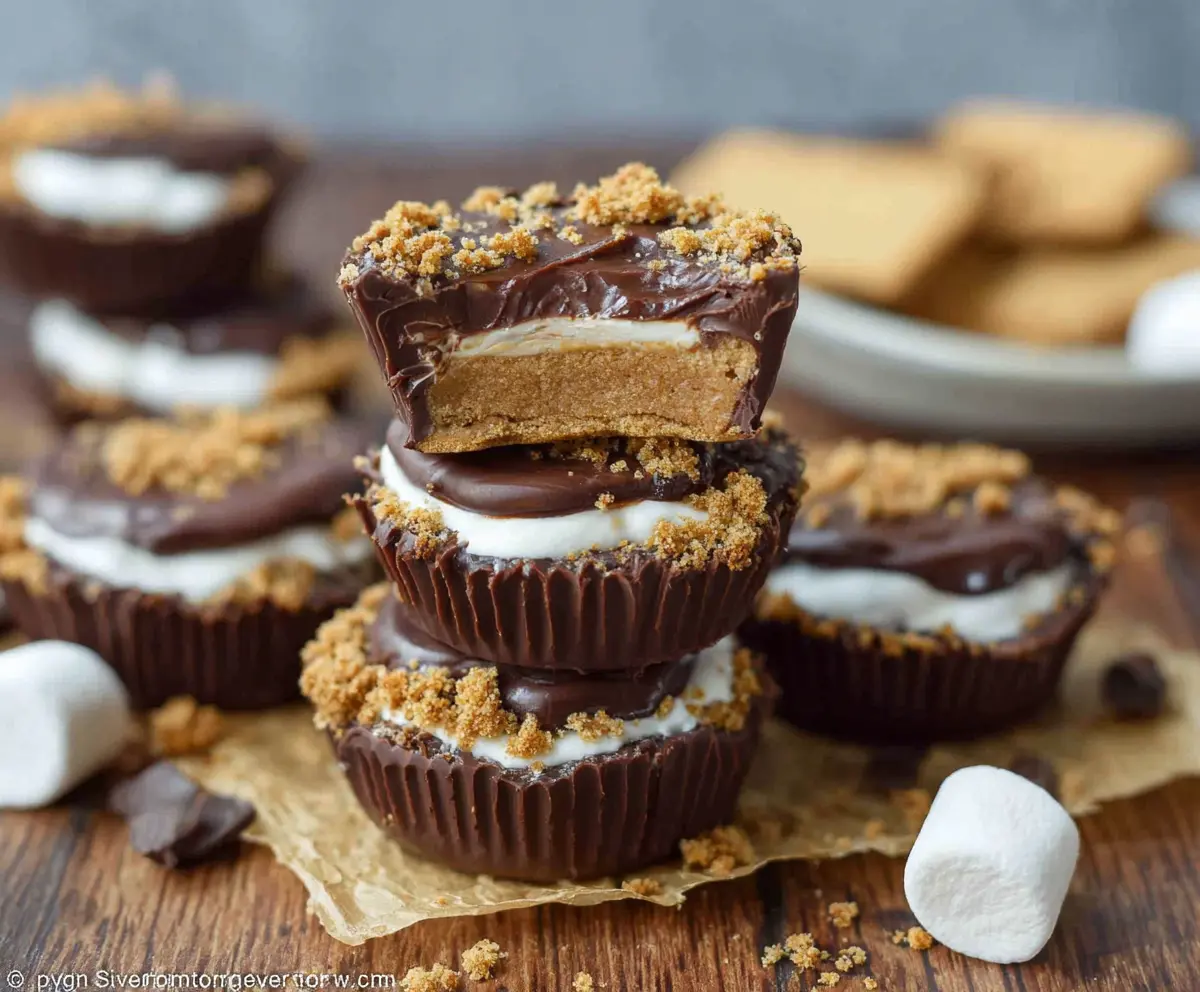 Delicious S'mores Peanut Butter Cups with chocolate, marshmallow, and peanut butter layers