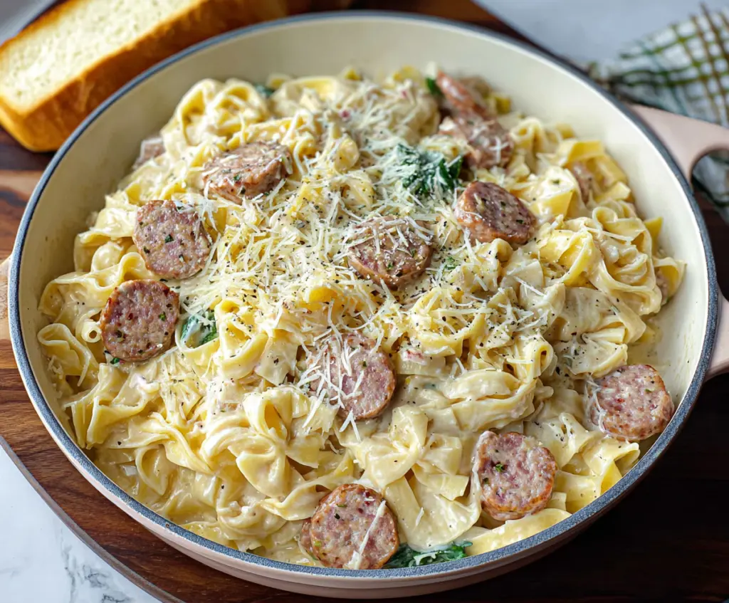 Creamy sausage Alfredo pasta served on a plate with garnished herbs.