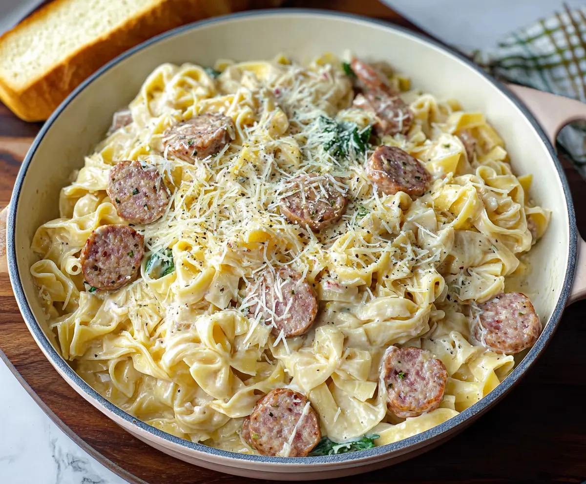Creamy sausage Alfredo pasta served on a plate with garnished herbs.
