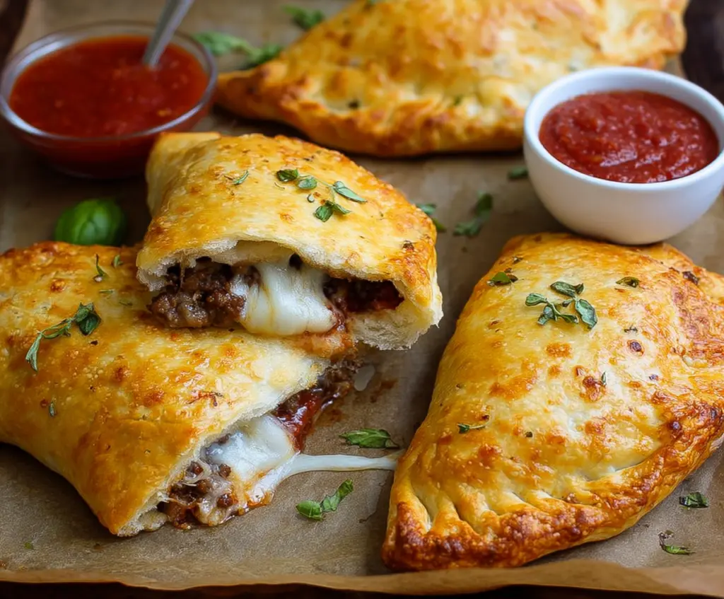Delicious homemade sausage calzones with melted cheese and golden crust.