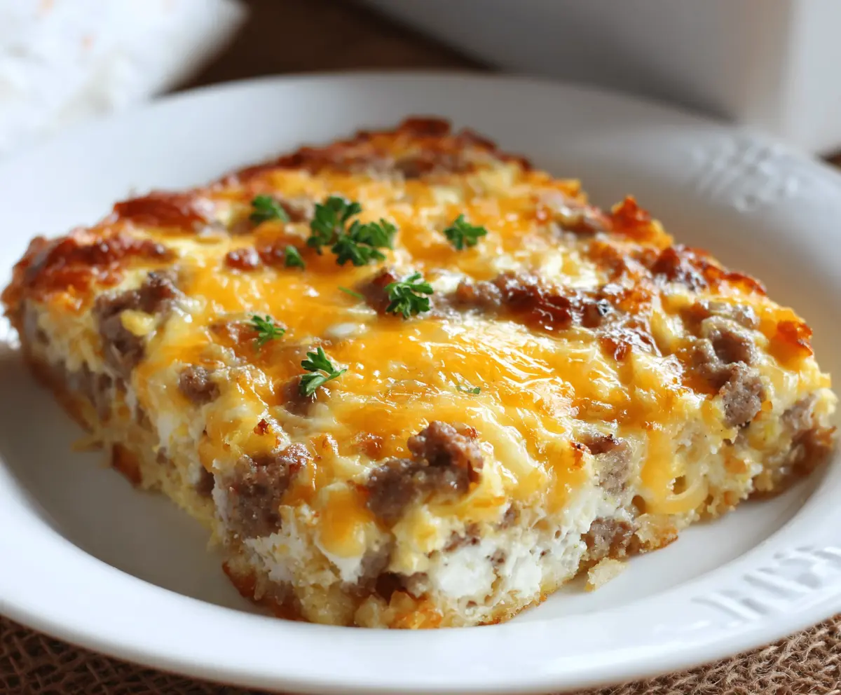 Delicious sausage, egg, cream cheese, and hashbrown breakfast casserole ready to serve.