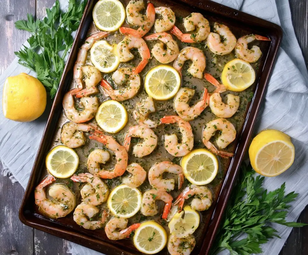 Delicious sheet pan lemon herb shrimp served with fresh herbs and lemon slices