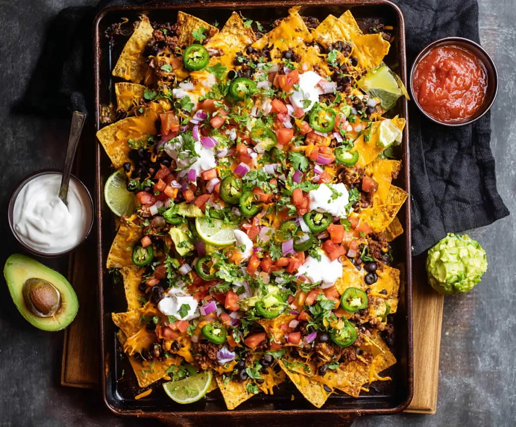 Delicious sheet pan nachos topped with melted cheese, jalapenos, and fresh ingredients for a flavorful snack.
