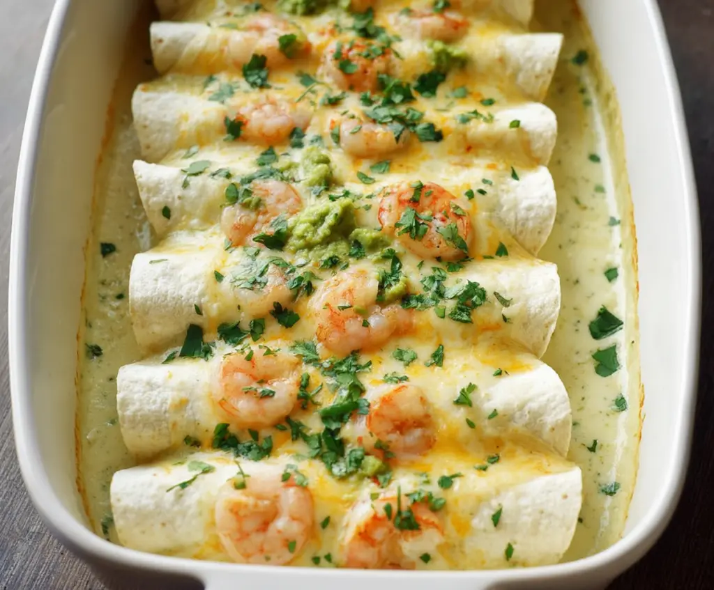 Delicious shrimp enchiladas topped with creamy poblano sauce served on a rustic plate.