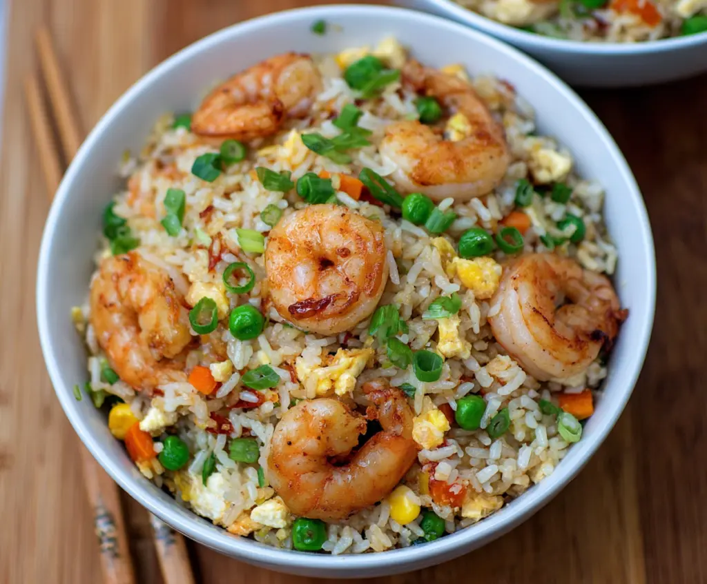 Delicious shrimp fried rice with fresh vegetables and tender shrimp on a white plate