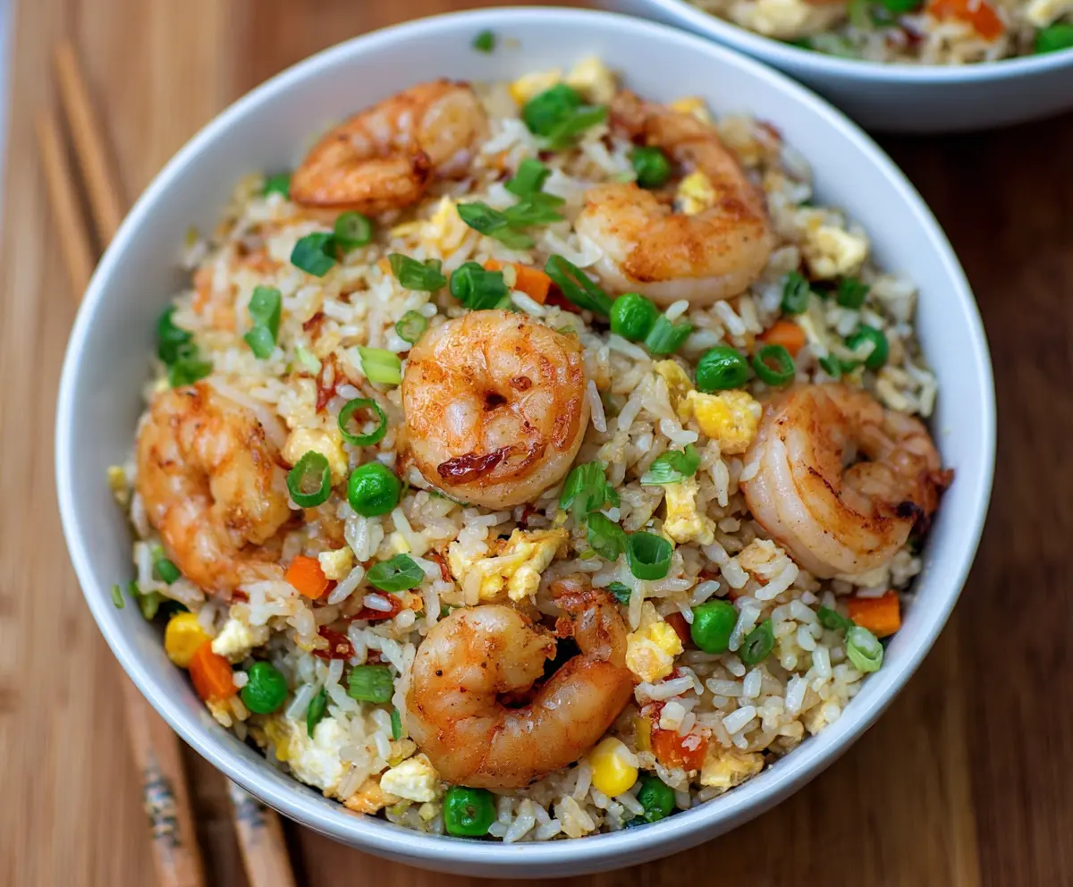 Delicious shrimp fried rice with fresh vegetables and tender shrimp on a white plate