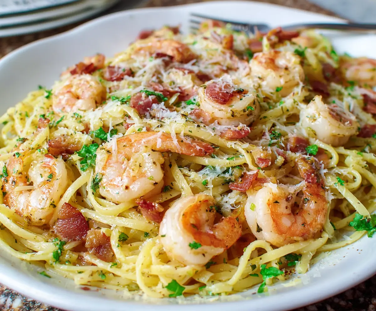 Delicious shrimp pasta carbonara dish with creamy sauce and tender shrimp on a white plate