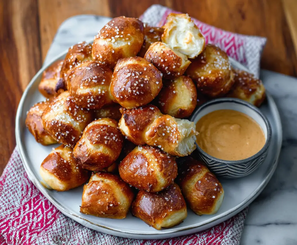 Delicious soft pretzel bites sprinkled with coarse salt, perfect for snacking.