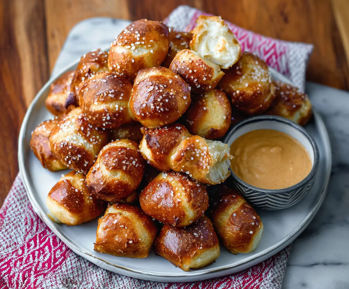 Delicious soft pretzel bites sprinkled with coarse salt, perfect for snacking.