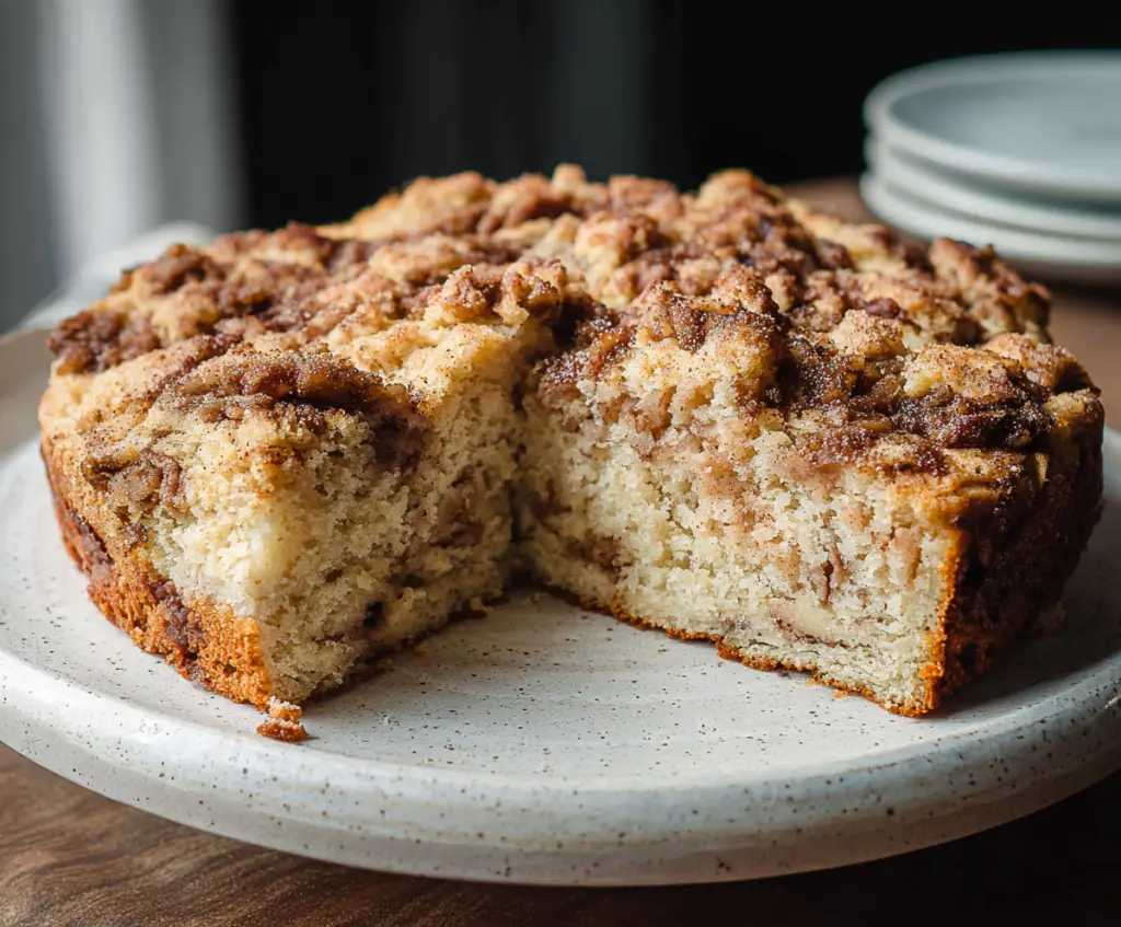 Delicious Sourdough Breakfast Cake featuring a golden-brown crumb topped with fresh fruit and syrup.