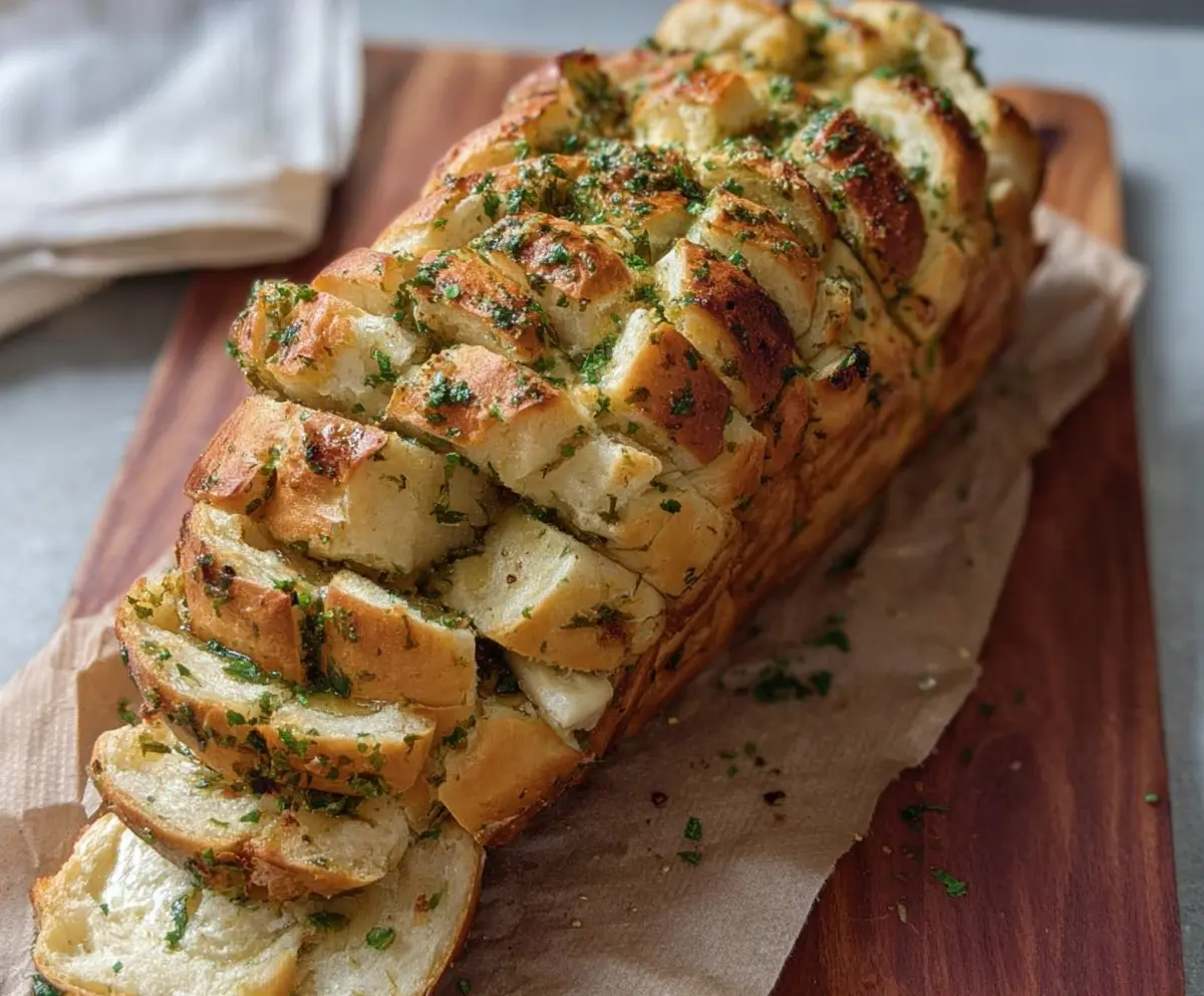 Delicious sourdough discard garlic pull apart bread fresh out of the oven, showing golden-brown layers and melted garlic butter.