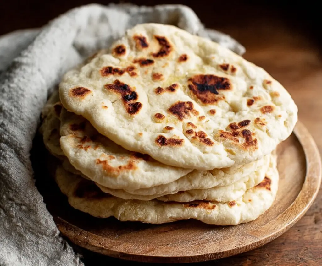 Homemade sourdough discard naan bread on a rustic wooden table, showcasing its golden, fluffy texture.