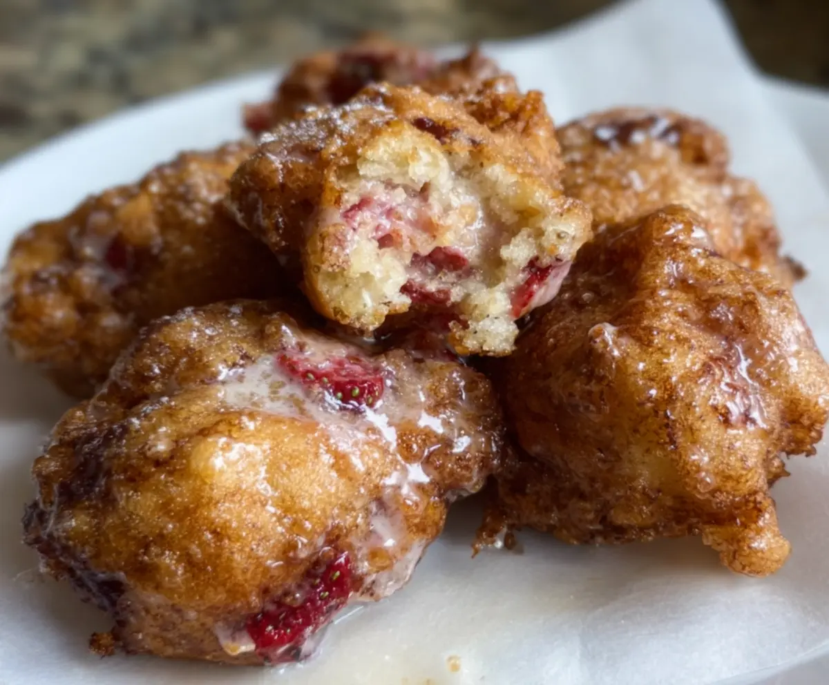 Golden sourdough discard strawberry fritters with powdered sugar on a rustic plate.