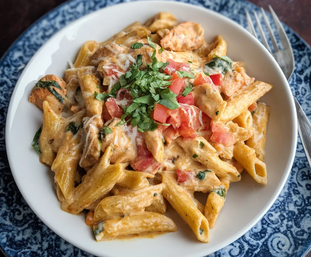 Creamy Southwest Alfredo Penne Pasta topped with cilantro and shredded cheese.
