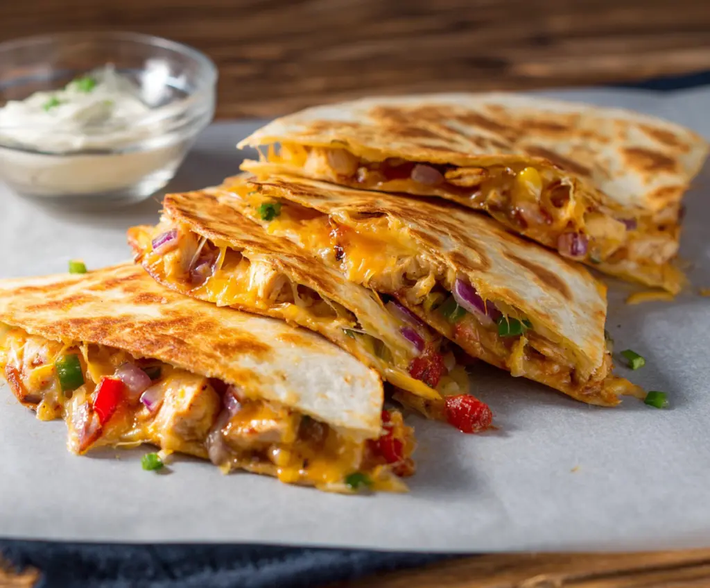 Delicious Southwest Chicken Quesadillas with melted cheese and colorful peppers on a plate.